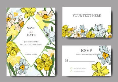 Vektör Narcissus çiçek botanik çiçekler. Siyah ve beyaz oyulmuş mürekkep sanatı. Düğün arka plan kartı dekoratif sınır.