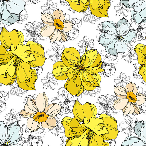 Vector Narcissus floral botanical flowers. Black and white engraved ink art. Seamless background pattern.