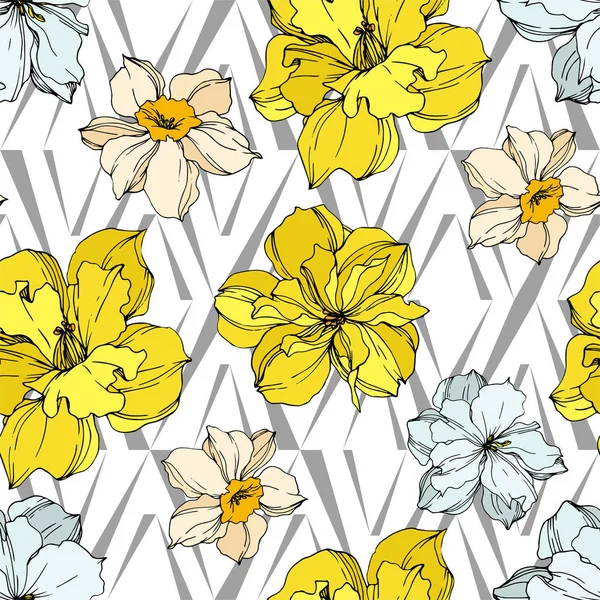 Vector Narcissus floral botanical flowers. Black and white engraved ink art. Seamless background pattern. — Stock Vector