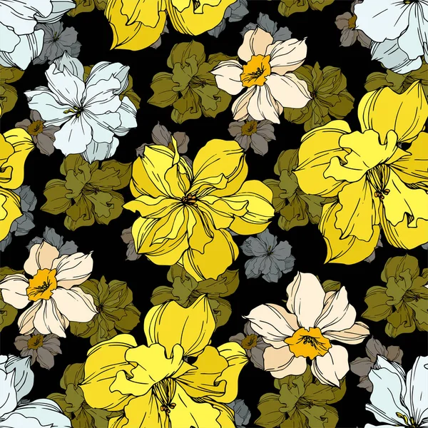 Vektor Narcissus blommiga botaniska blommor. Svart och vit graverad bläck konst. Sömlöst bakgrundsmönster. — Stock vektor