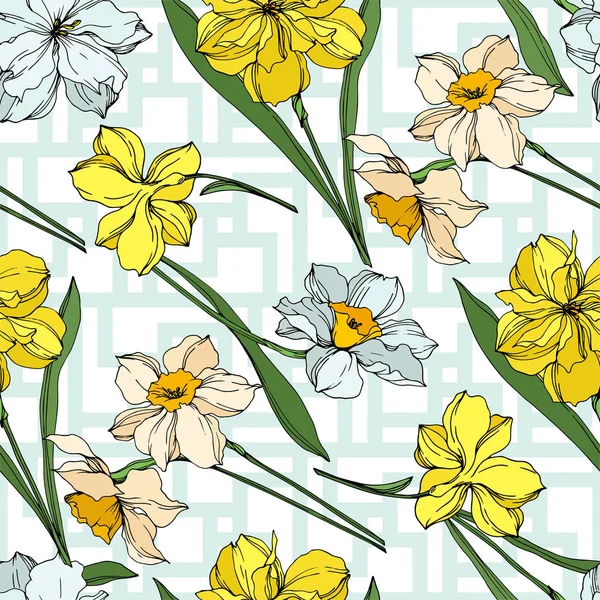 Vector Narcissus floral botanical flowers. Black and white engraved ink art. Seamless background pattern. — Stock Vector