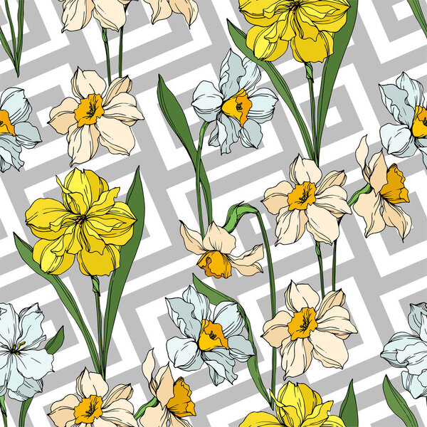 Vector Narcissus floral botanical flowers. Black and white engraved ink art. Seamless background pattern.