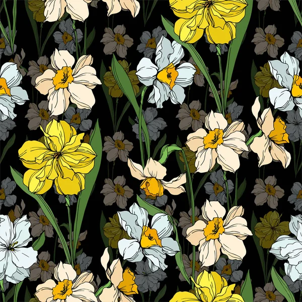 Vektor Narcissus virágos botanikai virágok. Fekete-fehér vésett tinta Art. Folytonos háttérmintázat. — Stock Vector
