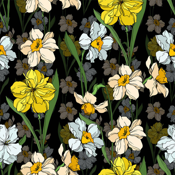 Vector Narcissus floral botanical flowers. Black and white engraved ink art. Seamless background pattern.