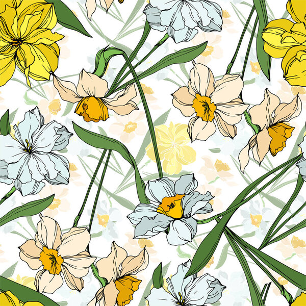 Vector Narcissus floral botanical flowers. Black and white engraved ink art. Seamless background pattern.