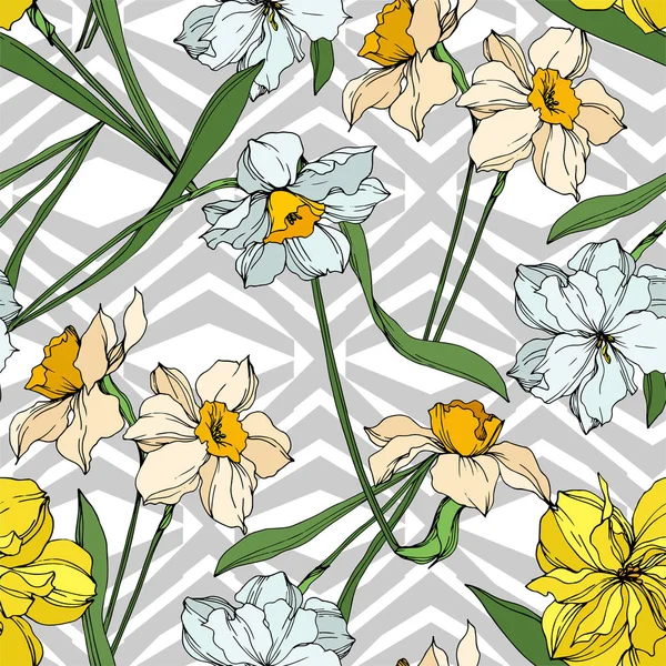 Květinové botanické květiny Vector Narcissus. Černé a bílé ryté inkoustem. Bezespání vzorek pozadí. — Stockový vektor