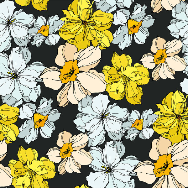 Vector Narcissus floral botanical flowers. Black and white engraved ink art. Seamless background pattern.
