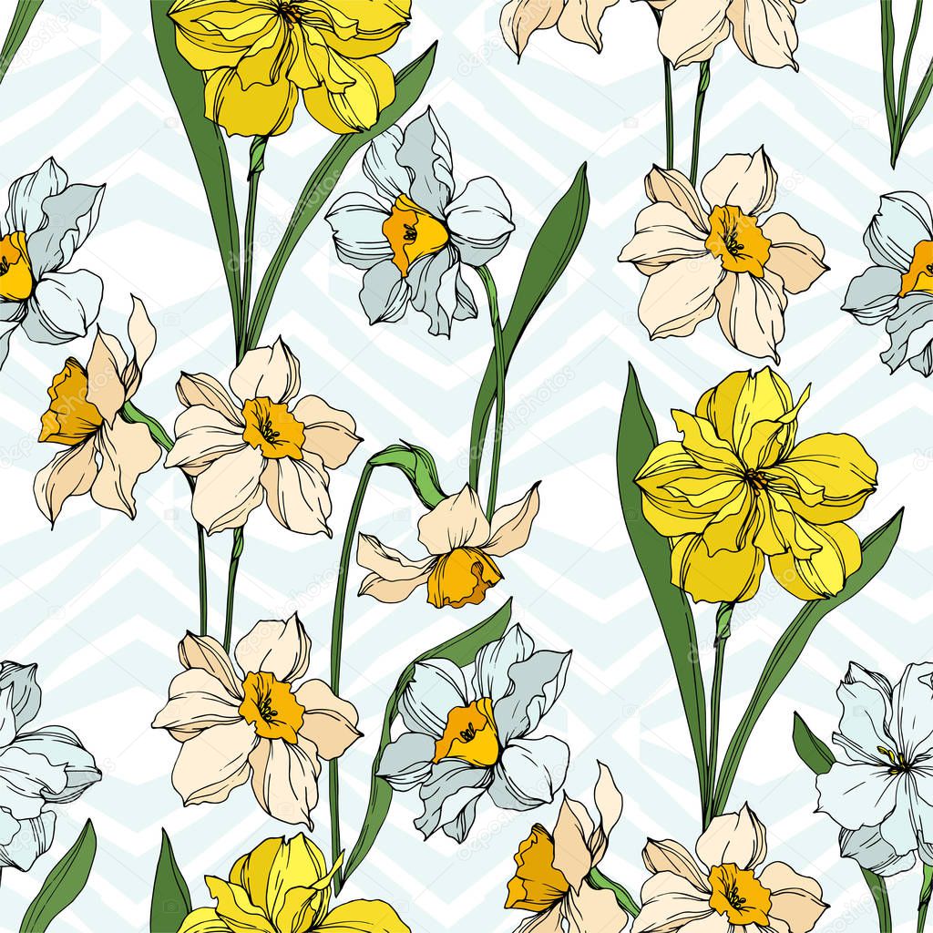 Vector Narcissus floral botanical flowers. Black and white engraved ink art. Seamless background pattern.