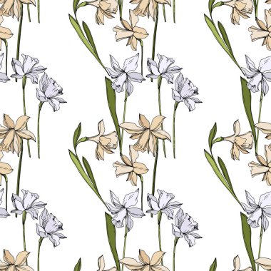 Vector Narcissus floral botanical flowers. Black and white engraved ink art. Seamless background pattern. clipart