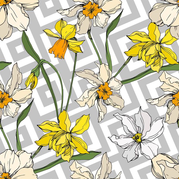Vector Narcissus floral botanical flowers. Black and white engraved ink art. Seamless background pattern.
