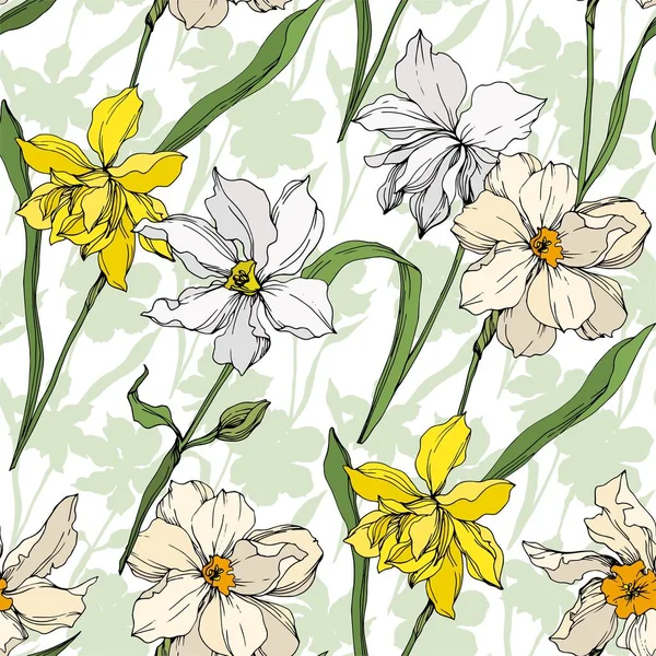 Vector Narcissus bloemen botanische bloemen. Zwart-wit gegraveerd Ink Art. Naadloos achtergrond patroon. — Stockvector