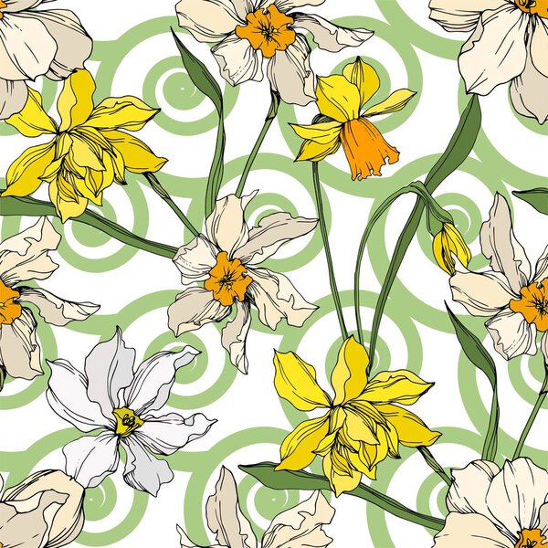 Vector Narcissus floral botanical flowers. Black and white engraved ink art. Seamless background pattern.