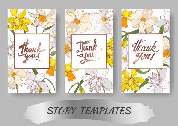 Vector Narcissus floral botanical flowers. Black and white engraved ink art. Wedding background card decorative border.