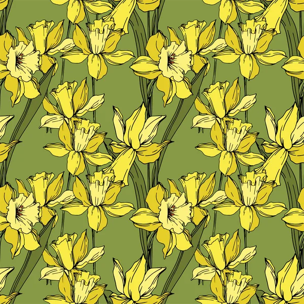 Vettore Narciso fiori botanici floreali. Inchiostro inciso in bianco e nero art. Modello di sfondo senza soluzione di continuità . — Vettoriale Stock