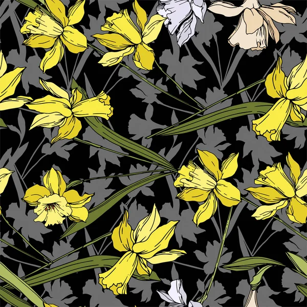 벡터 수선화 꽃 식물 꽃입니다. 흑백 잉크 아트가 새겨져 있습니다. 원활한 배경 패턴. — 스톡 벡터
