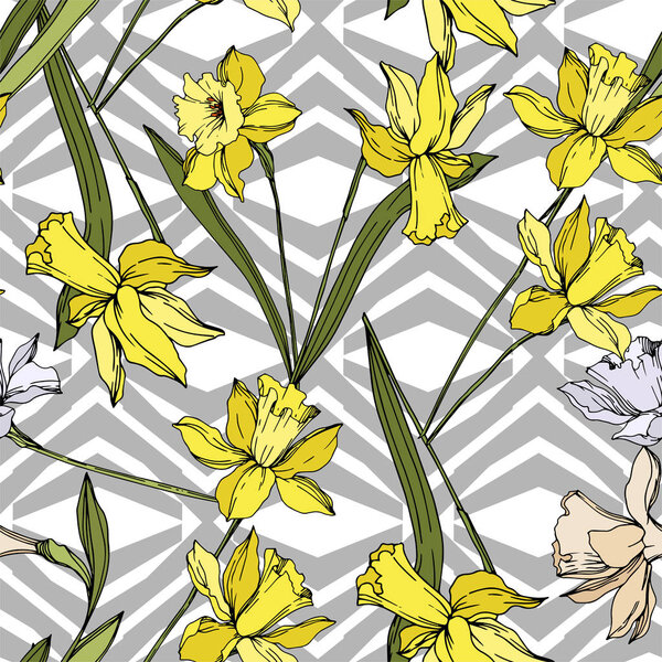 Vector Narcissus floral botanical flowers. Black and white engraved ink art. Seamless background pattern.