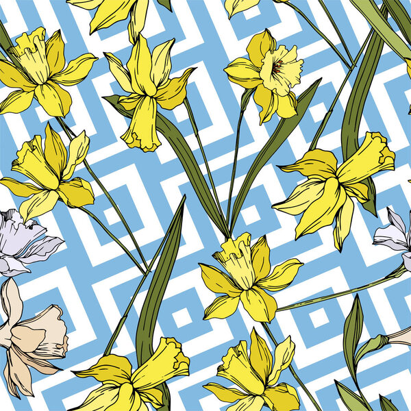 Vector Narcissus floral botanical flowers. Black and white engraved ink art. Seamless background pattern.