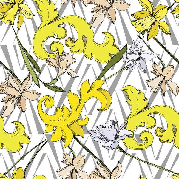 Vektör Narcissus çiçek botanik çiçekler. Siyah ve beyaz oyulmuş mürekkep sanatı. Kesintisiz arka plan deseni. — Stok Vektör