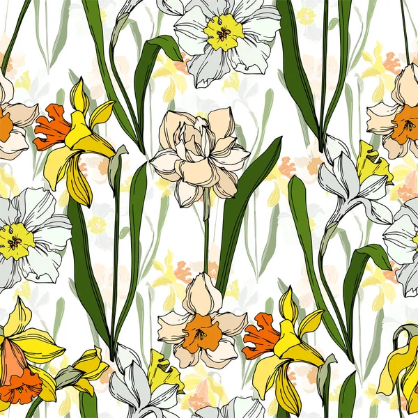 Vector Narcissus floral botanical flower. Black and white engraved ink art. Seamless background pattern. — Stock Vector