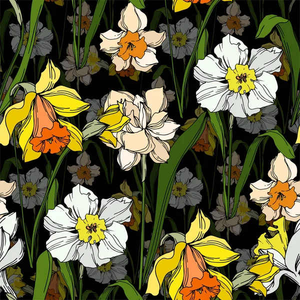 Vector Narcissus floral botanical flower. Black and white engraved ink art. Seamless background pattern. — Stock Vector