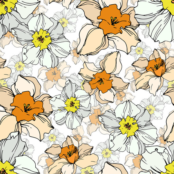 Vector Narcissus floral botanical flower. Black and white engraved ink art. Seamless background pattern.