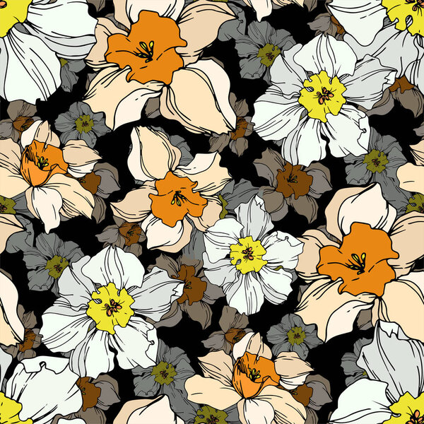 Vector Narcissus floral botanical flower. Black and white engraved ink art. Seamless background pattern.