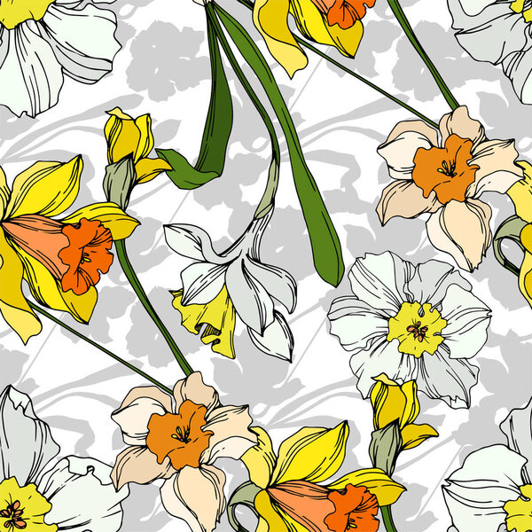 Vector Narcissus floral botanical flower. Black and white engraved ink art. Seamless background pattern.