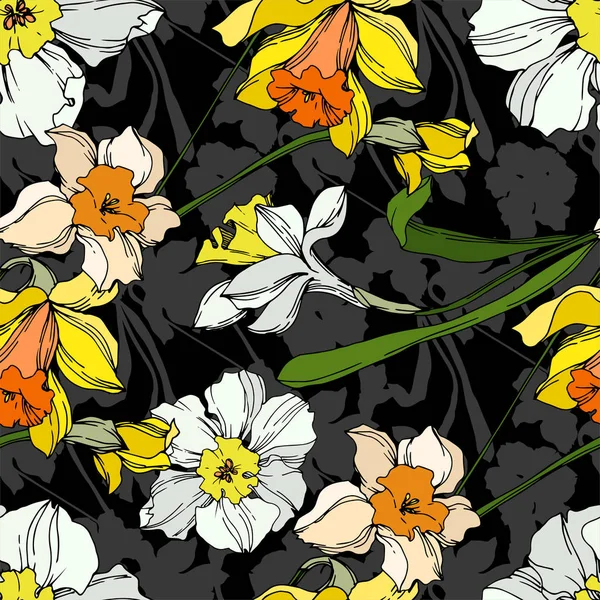 เวกเตอร์ Narcissus ดอกไม้พฤกษศาสตร์ ศิลปะหมึกแกะสลักสีดําและขาว รูปแบบพื้นหลังที่ไร้รอยต่อ . — ภาพเวกเตอร์สต็อก