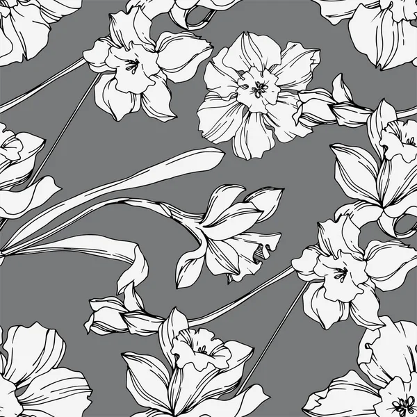 Vector Narcissus floral botanical flower. Black and white engraved ink art. Seamless background pattern. — Stock Vector