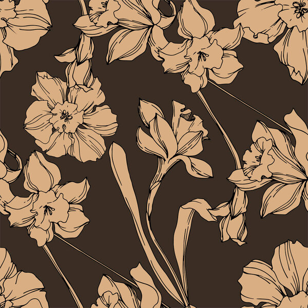 Vector Narcissus floral botanical flower. Black and white engraved ink art. Seamless background pattern.