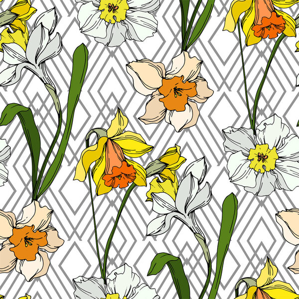 Vector Narcissus floral botanical flower. Black and white engraved ink art. Seamless background pattern.