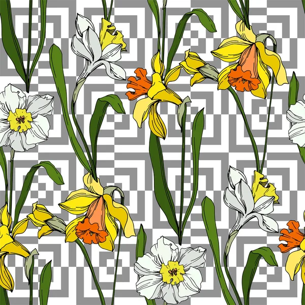 Vetor Narciso flor botânica floral. Tinta gravada a preto e branco. Padrão de fundo sem costura . — Vetor de Stock