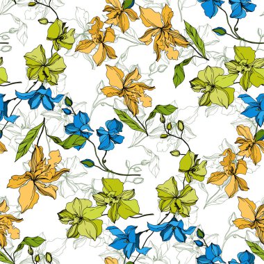 Vektör Orkide çiçek botanik çiçekler. Siyah ve beyaz oyulmuş mürekkep sanatı. Kesintisiz arka plan deseni.