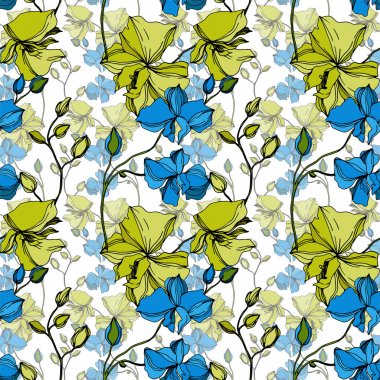 Vektör Orkide çiçek botanik çiçekler. Siyah ve beyaz oyulmuş mürekkep sanatı. Kesintisiz arka plan deseni.