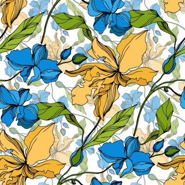 Vektör Orkide çiçek botanik çiçekler. Siyah ve beyaz oyulmuş mürekkep sanatı. Kesintisiz arka plan deseni.