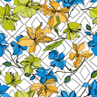 Vektör Orkide çiçek botanik çiçekler. Siyah ve beyaz oyulmuş mürekkep sanatı. Kesintisiz arka plan deseni.