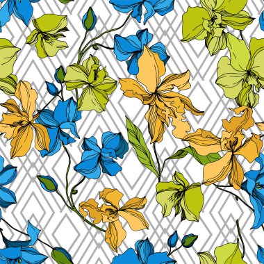 Vektör Orkide çiçek botanik çiçekler. Siyah ve beyaz oyulmuş mürekkep sanatı. Kesintisiz arka plan deseni.