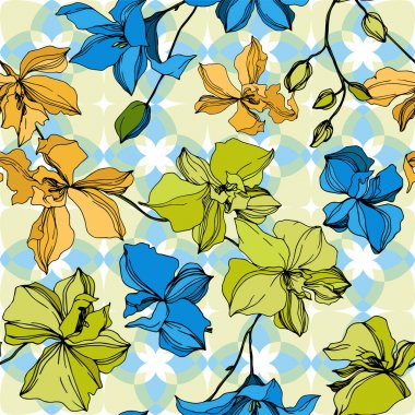 Vektör Orkide çiçek botanik çiçekler. Siyah ve beyaz oyulmuş mürekkep sanatı. Kesintisiz arka plan deseni.