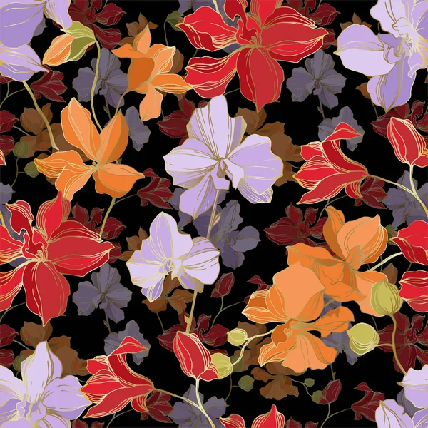 蘭の花の植物の花。黒と白の彫刻インクアート。シームレスな背景パターン. — ストックベクタ