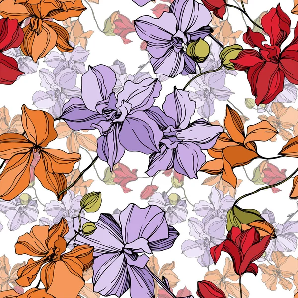 Orchidee bloemen botanische bloemen. Zwart-wit gegraveerd Ink Art. Naadloos achtergrond patroon. — Stockvector