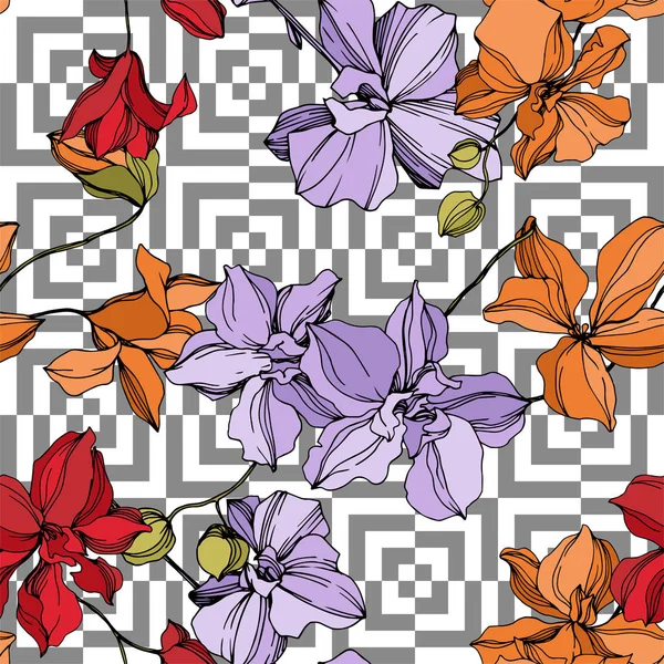 Flores botânicas florais de orquídea. Tinta gravada a preto e branco. Padrão de fundo sem costura . —  Vetores de Stock