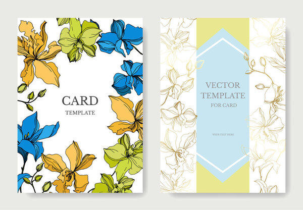 Vector Orchid botanical flowers. Black and white engraved ink art. Wedding background card floral decorative border.