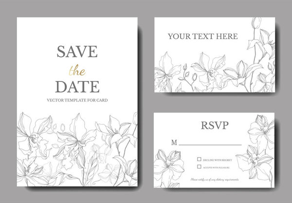 Vector Orchid botanical flowers. Black and white engraved ink art. Wedding background card floral decorative border.