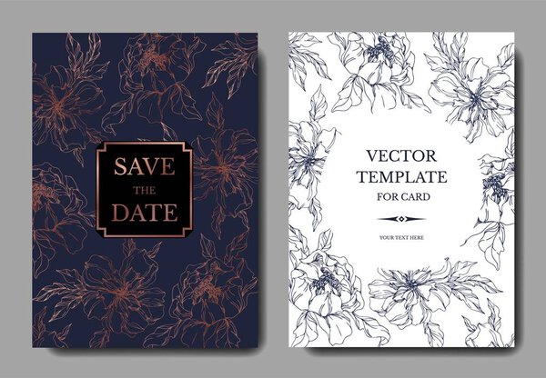 Peony floral botanical flowers. Black and white engraved ink art. Wedding background card floral decorative border.