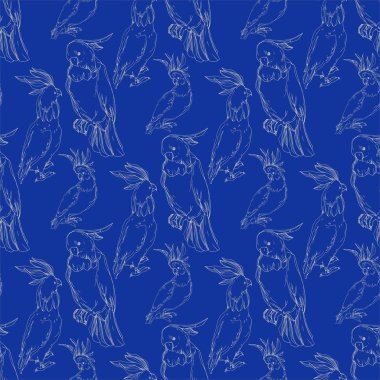 Vector Sky bird cockatoo in a wildlife. Black and white engraved ink art. Seamless background pattern. clipart