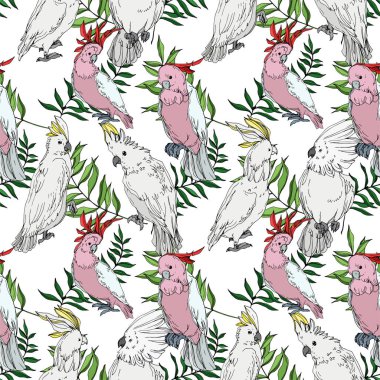 Vektör Gökyüzü kuş kakadu bir yaban hayatı içinde. Siyah ve beyaz oyulmuş mürekkep sanatı. Kesintisiz arka plan deseni.