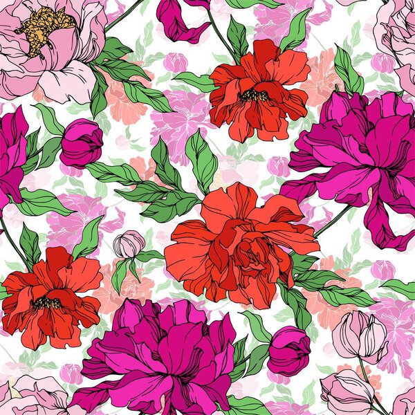 Peony floral botanical flowers. Black and white engraved ink art. Seamless background pattern.