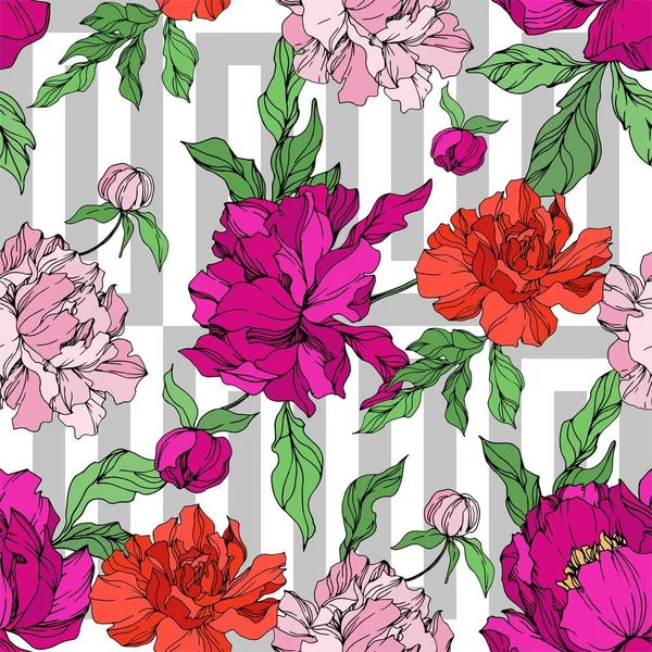 Peony bloemen botanische bloemen. Zwart-wit gegraveerd Ink Art. Naadloos achtergrond patroon. — Stockvector