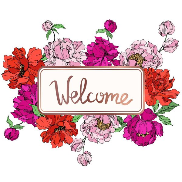 Peony floral botanical flowers. Black and white engraved ink art. Frame border ornament square. — Stock Vector