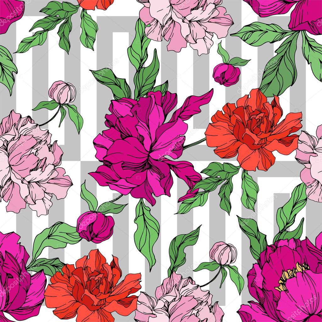 Peony floral botanical flowers. Black and white engraved ink art. Seamless background pattern.